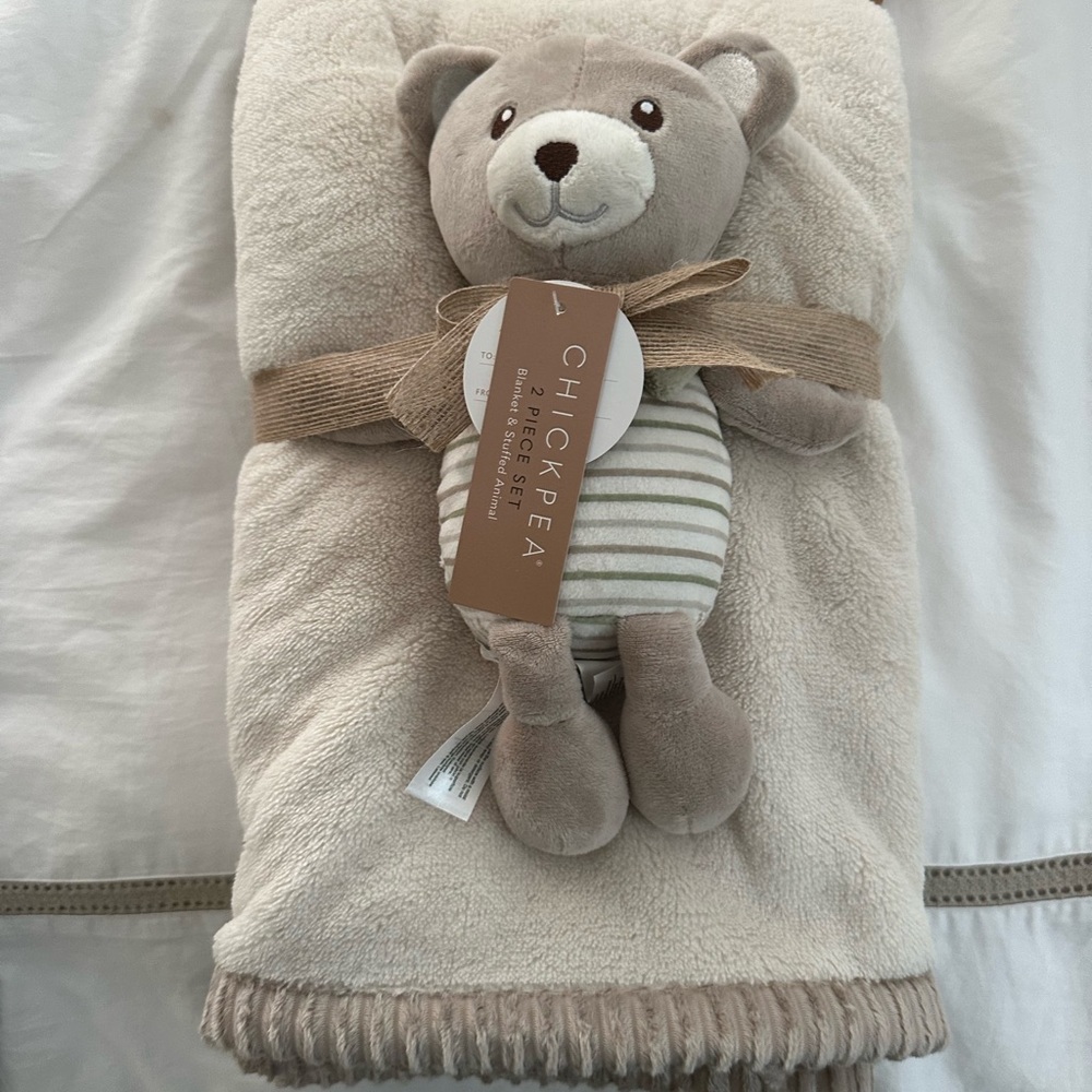 Chick Pea Beige Blanket with Striped Bear Plush
